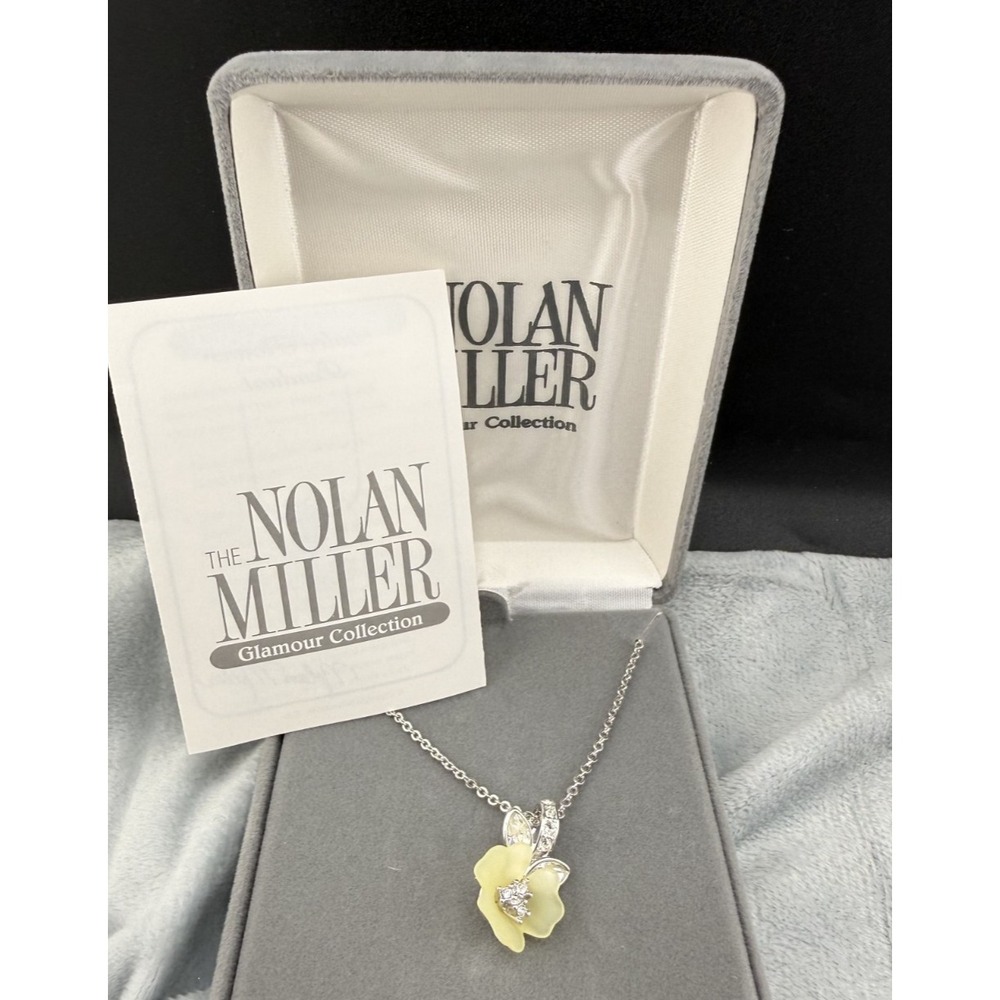 Vintage Nolan Miller Flower Necklace Yellow Rhinestone Silver Tone 17in